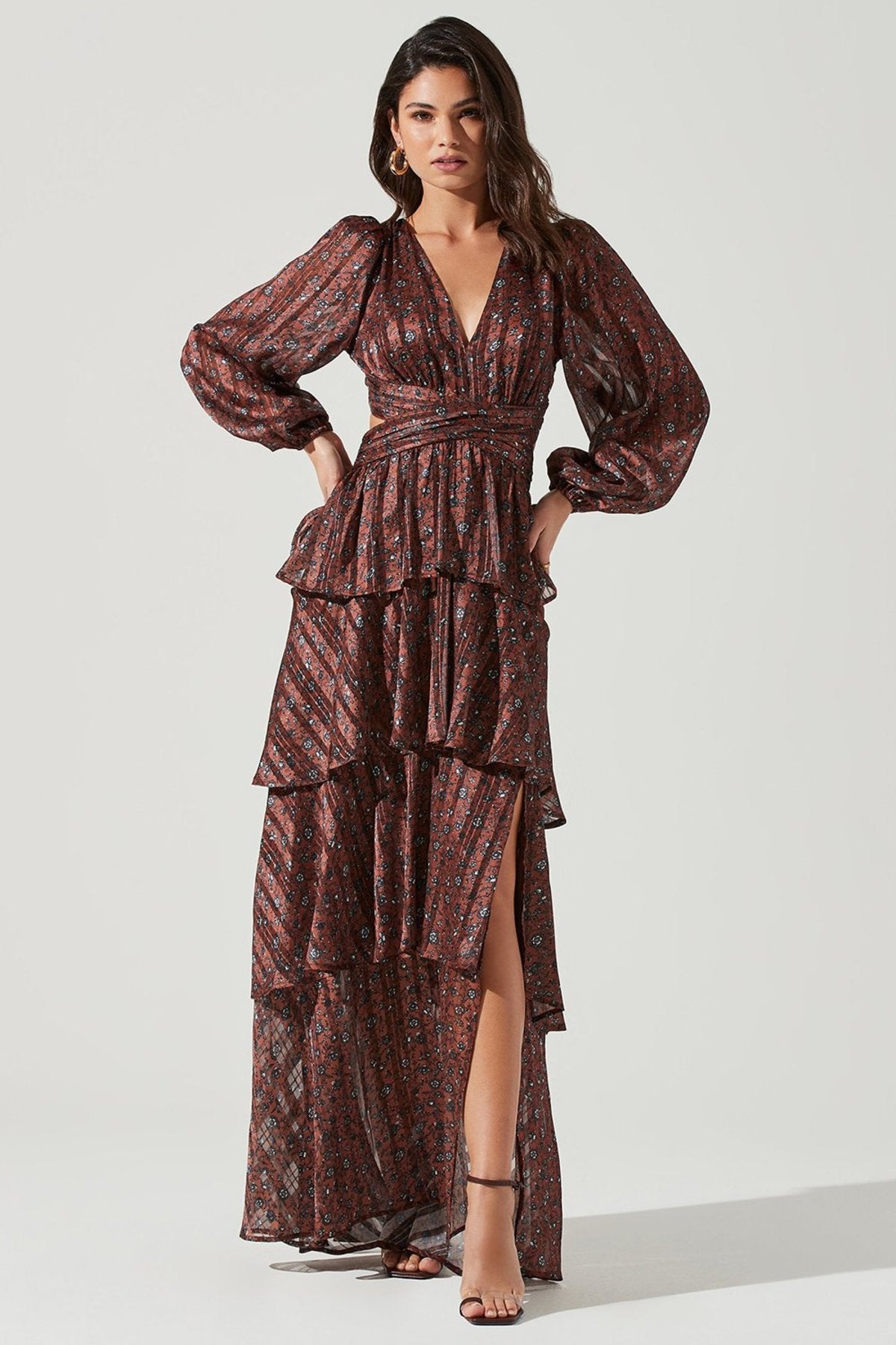 Astr The Label Tiered Long Sleeve Dress Size M Bronze
