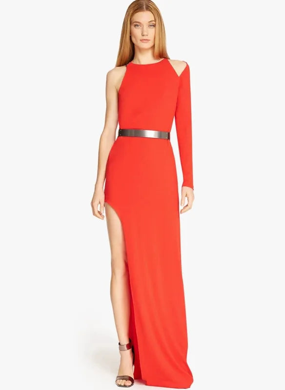 Halston One Sleeve Long Red Dress with Slit Size 2