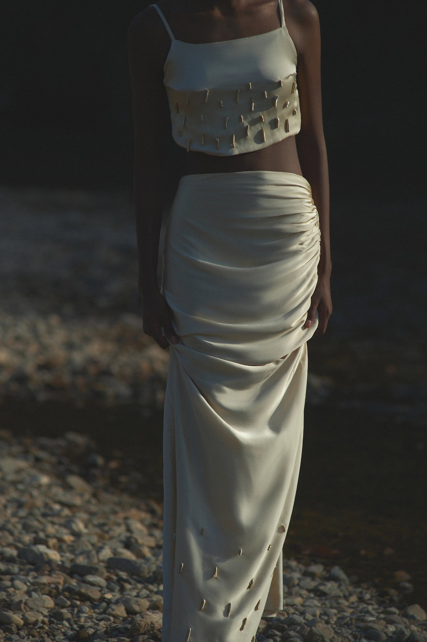Baobob Cream Silk Gold Beaded 2 Piece Dress Size S/M