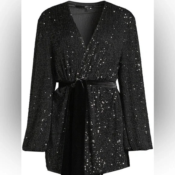 Jay Godfrey Black Sequin Wrap Mini Dress Size 10