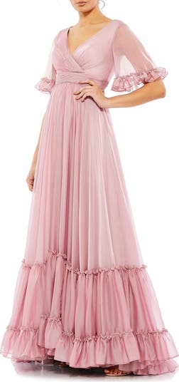 Mac Duggal Pink Butterfly Ruffle Trim Sleeve Gown Size 8