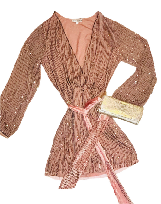 Karina Grimaldi Pink Long Sleeve Wrap Mini Dress Beaded/Belted Size M