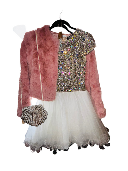 Line and Dot Short Pink Faux Fur Coat Size M