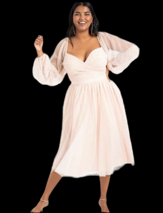 Eloquii Light Pink Tulle Overlay Long Sleeve Dress Size 16