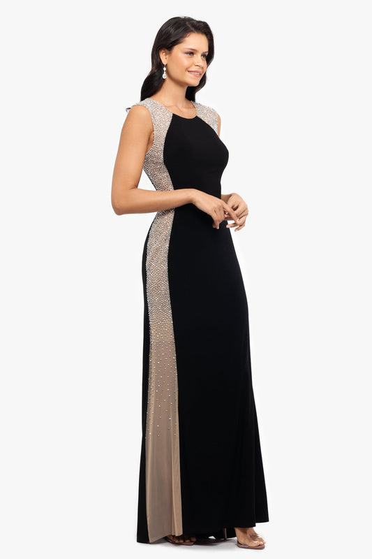 Xscape Madison Black Cap Sleeve Dress Nude Beaded Panels Size 14
