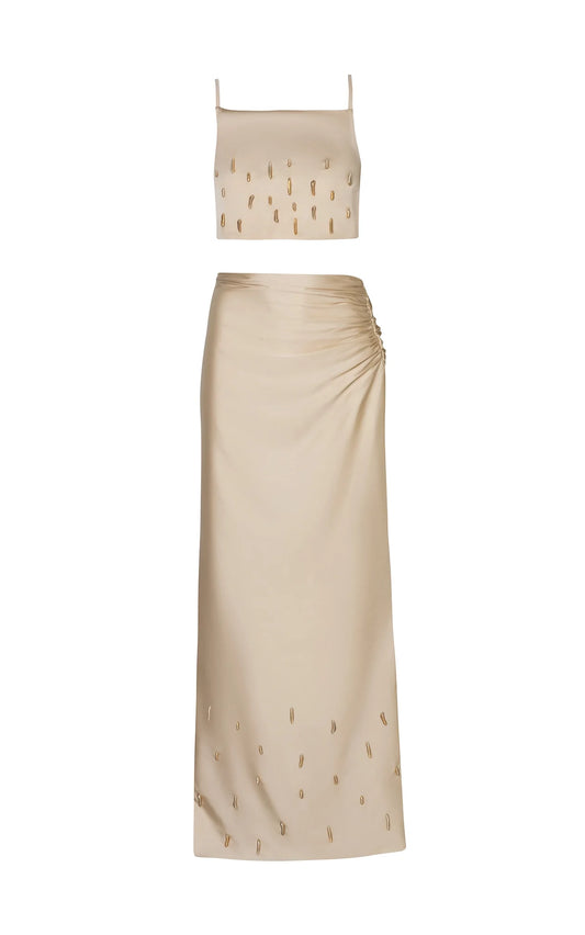 Baobob Cream Silk Gold Beaded 2 Piece Dress Size S/M