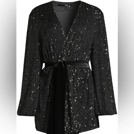 Jay Godfrey Black Sequin Wrap Mini Dress Size 10