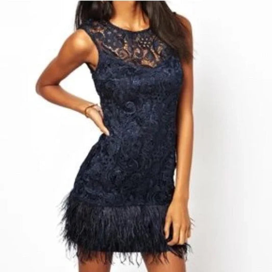 Lipsy Navy Ostich Feather Hem Dress Size 12